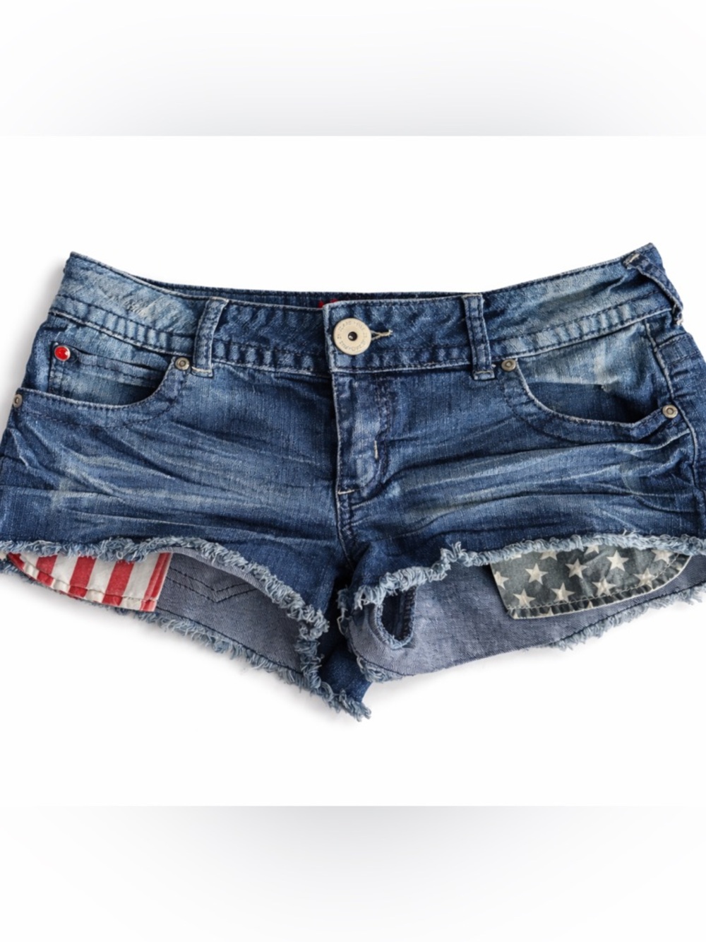 Rue21 American Flag Denim Shorts Low Rise Frayed Cutoff Patriotic Size 7/8